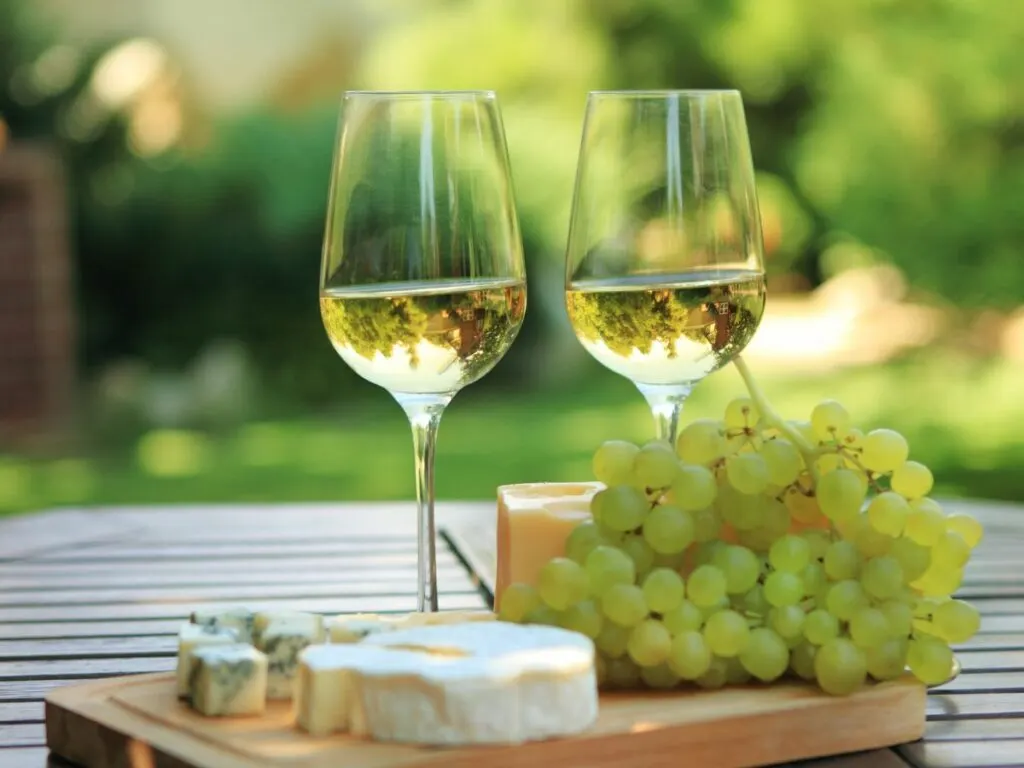 Two glasses of white wine and grapes on a wooden board.