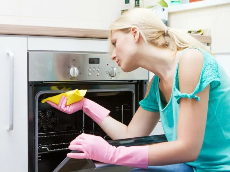 A woman in pink gloves cleaning an oven.