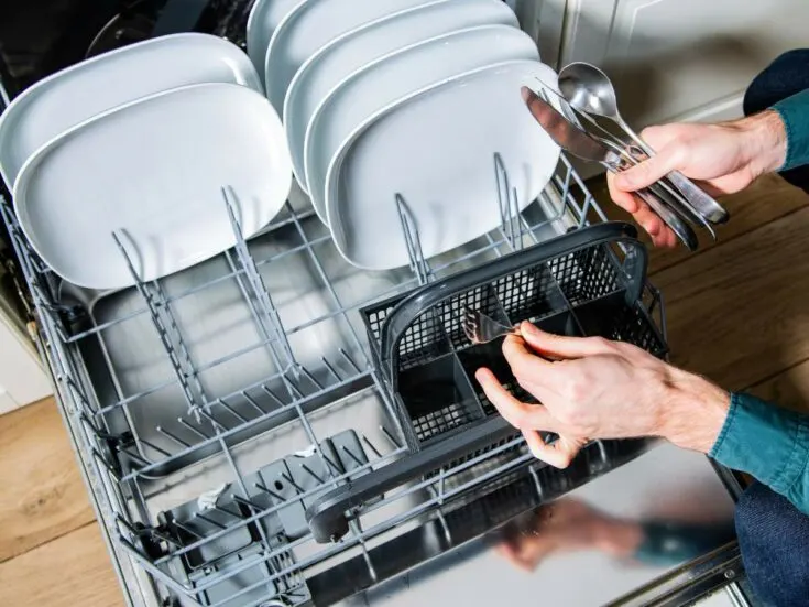 A man is putting dishes into a dishwasher.