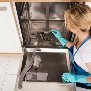 A woman cleaning a stainless steel dishwasher.