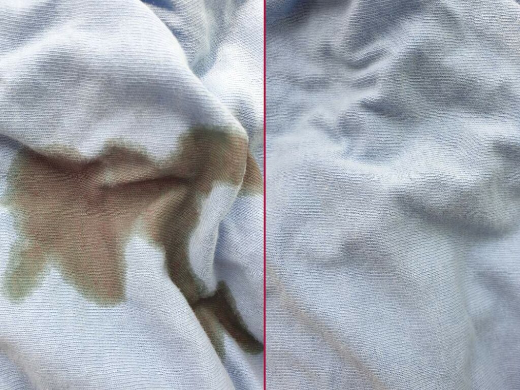 A shirt with a coffee stain on it next to a clean shirt.