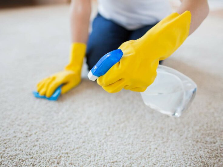 Person in yellow gloves cleaning a carpet with a spray bottle and cloth.