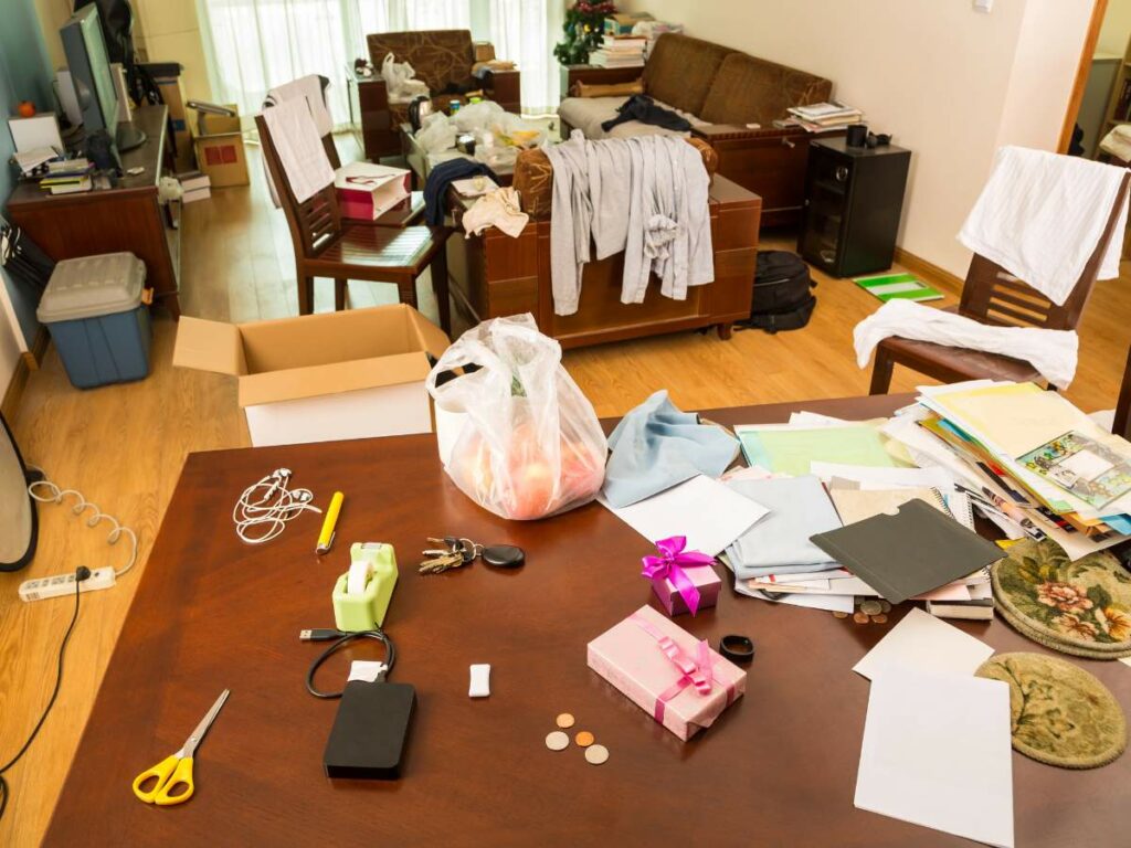 A cluttered living room with scattered items including boxes, clothes, books, and small objects on the floor.