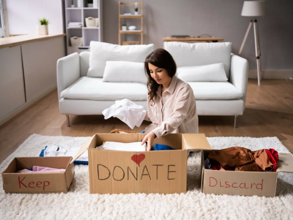 A woman sorts clothes into labeled boxes "keep," "donate," and "discard" in a tidy living room.