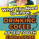 Woman looking concerned while reading a pamphlet titled "what you need to know about drinking coffee after tooth extraction" with tips for safe consumption.