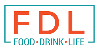 Logo with bold red letters "FDL" and the words "FOOD โข DRINK โข LIFE" beneath in teal, surrounded by a teal rectangular border.