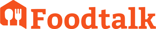 The image shows a logo with the text "Foodtalk" in orange, accompanied by an orange house icon with a fork, spoon, and knife on the left.