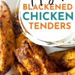 A plate of seasoned blackened chicken tenders is shown with a bowl of dipping sauce. The text reads "Popeyes! Blackened Chicken Tenders.