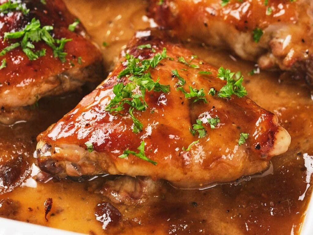 Close-up of apricot chicken pieces garnished with chopped parsley in a brown sauce.