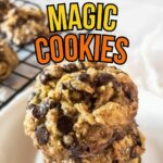 The text reads "Easy Delicious Magic Cookies" with a cooling rack in the background.