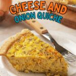 A slice of cheese and onion quiche on a white plate with a fork, displaying a buttery crust and sprinkled with herbs.