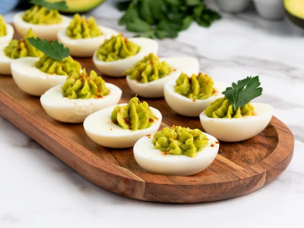 Deviled eggs with green filling, possibly avocado-based, topped with herbs and spices, arranged on a wooden serving tray.