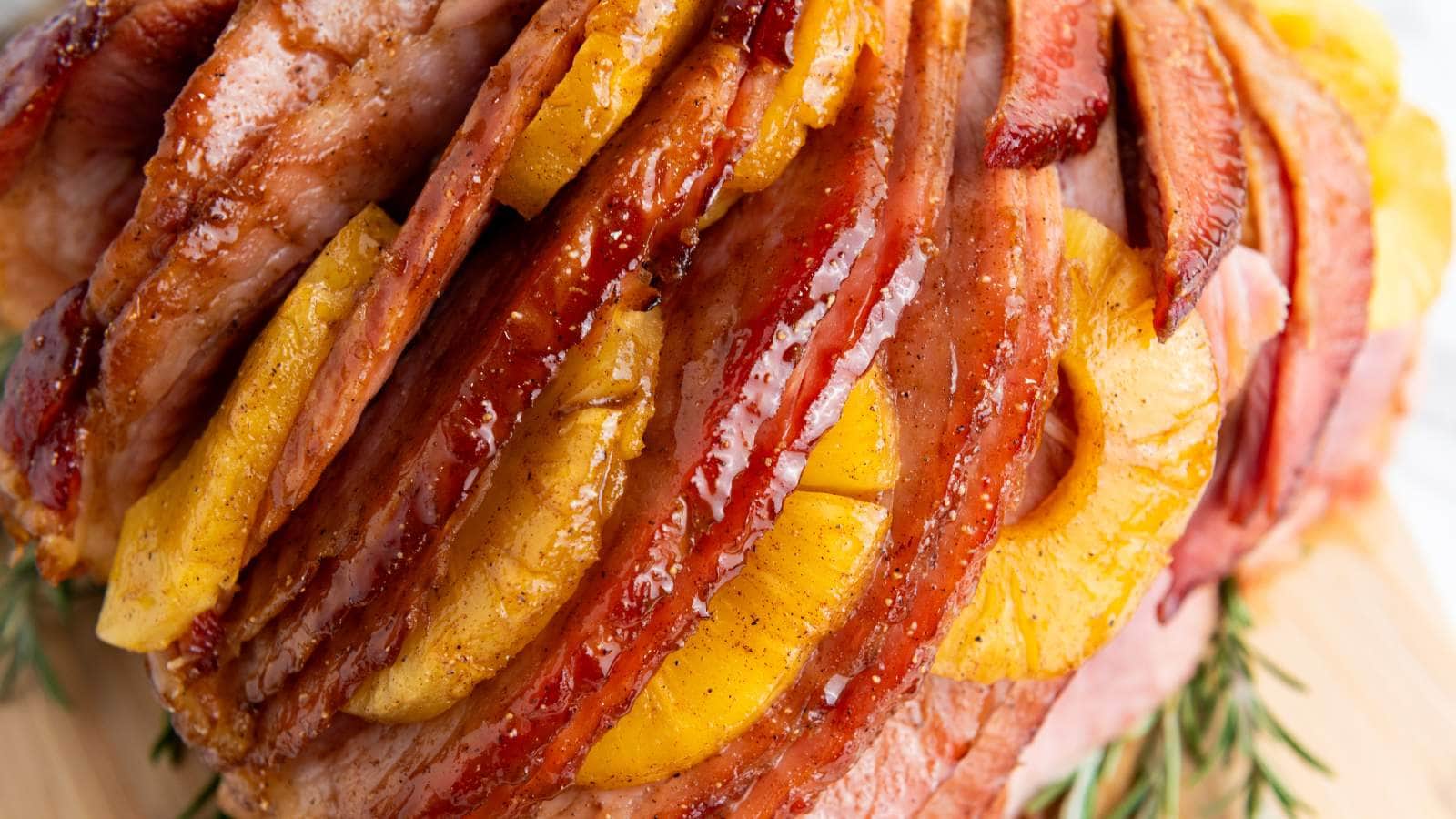 A glazed holiday ham with slices of pineapple inserted between the cuts, garnished with rosemary on a wooden board.
