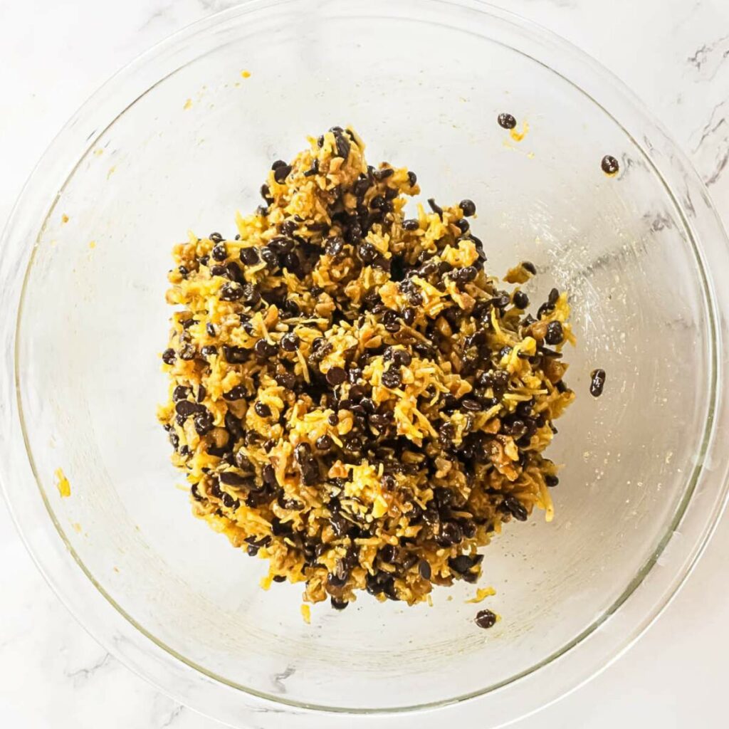 A glass bowl contains a mixture of shredded coconut, oats, and chocolate chips.
