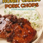 Two honey garlic pork chops with a glossy sauce are served on a plate next to a portion of rice.
