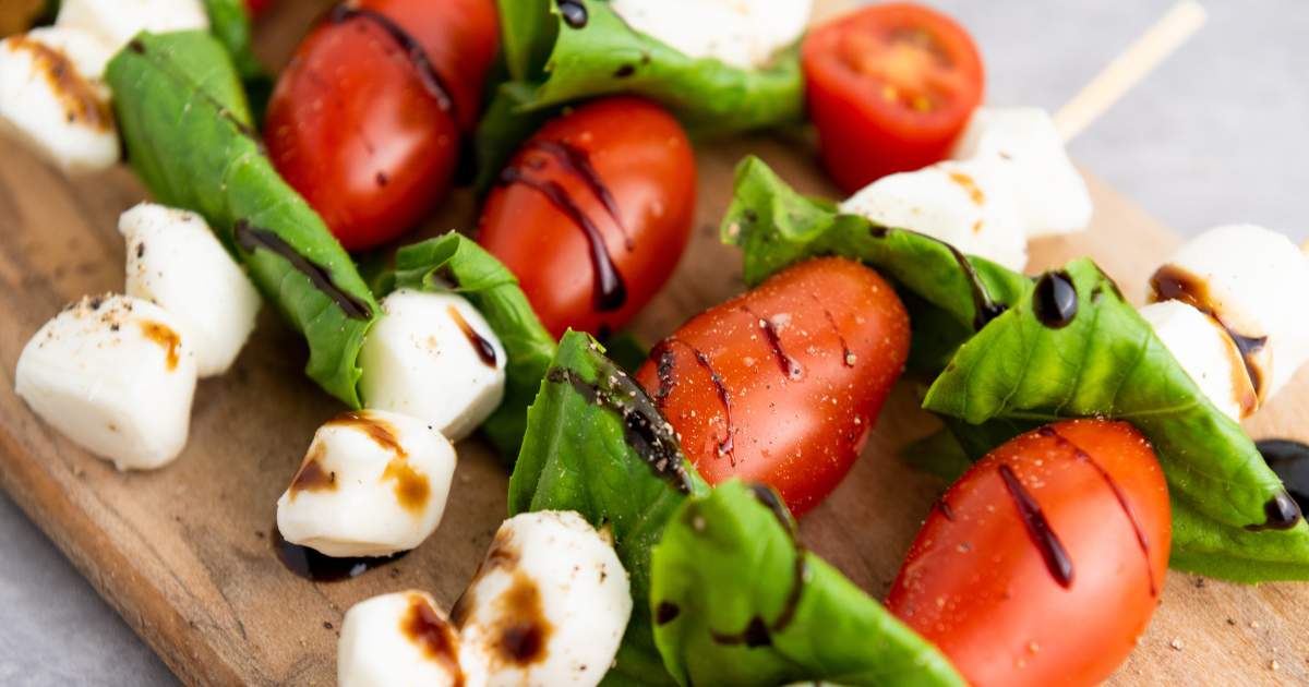 You Can't Go Wrong With Basil Tomato Mozzarella Skewers!