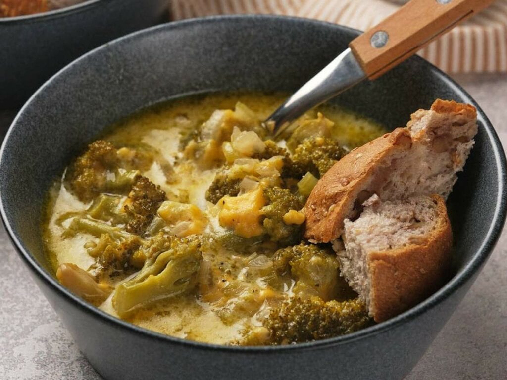 A bowl of panera broccoli cheddar soup with chunks of bread and a fork resting on the edge.
