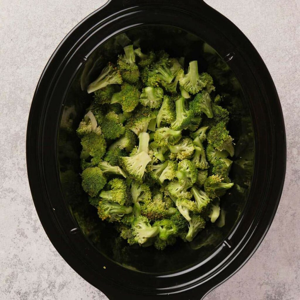 Cooker filled with chopped broccoli pieces, placed on a light gray textured surface.