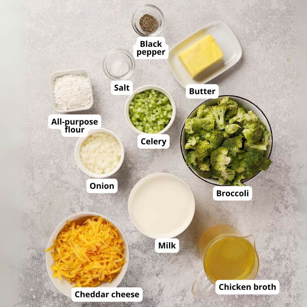 Ingredients for panera broccoli cheddar soup, all neatly arranged on a speckled surface.
