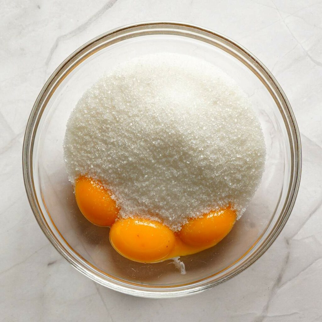 A glass bowl containing three egg yolks and a pile of granulated sugar on a light-colored surface.