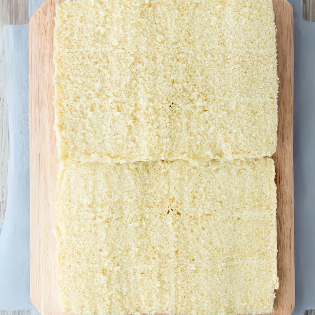 A rectangular sheet cake cut in half lengthwise, placed on a wooden cutting board.