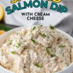 A white bowl filled with smoked salmon dip garnished with fresh dill and black pepper, with the text "Smoked Salmon Dip with Cream Cheese" above.