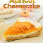 A slice of apricot cheesecake sits on a plate, topped with apricot slices and sauce.