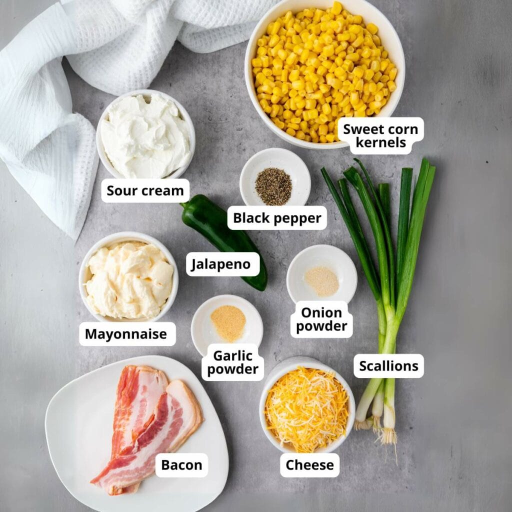 Ingredients for a creamy corn dip recipe.