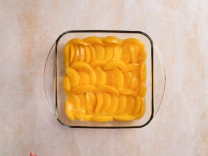 A glass baking dish filled with neatly arranged sliced peaches on a light-colored surface.