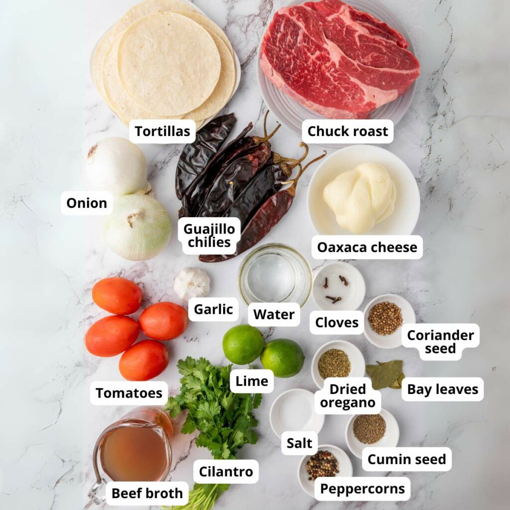 Flat-lay of labeled birria taco ingredients .
