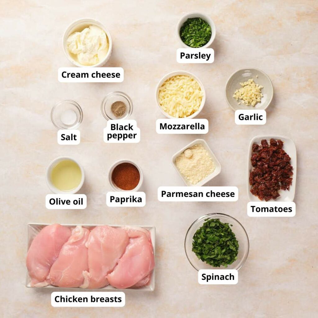 Ingredients laid out on a countertop of air fryer stuffed chicken breast recipe.