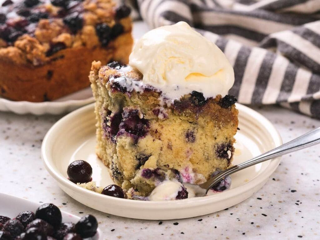 A blueberry buckle topped with a scoop of vanilla ice cream.