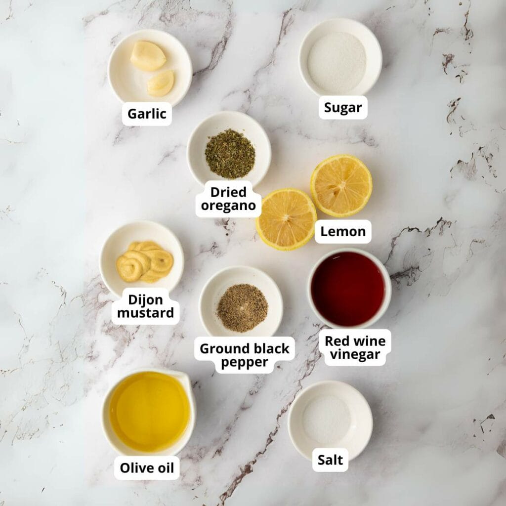 Small bowls on a marble surface containing all the ingredients.
