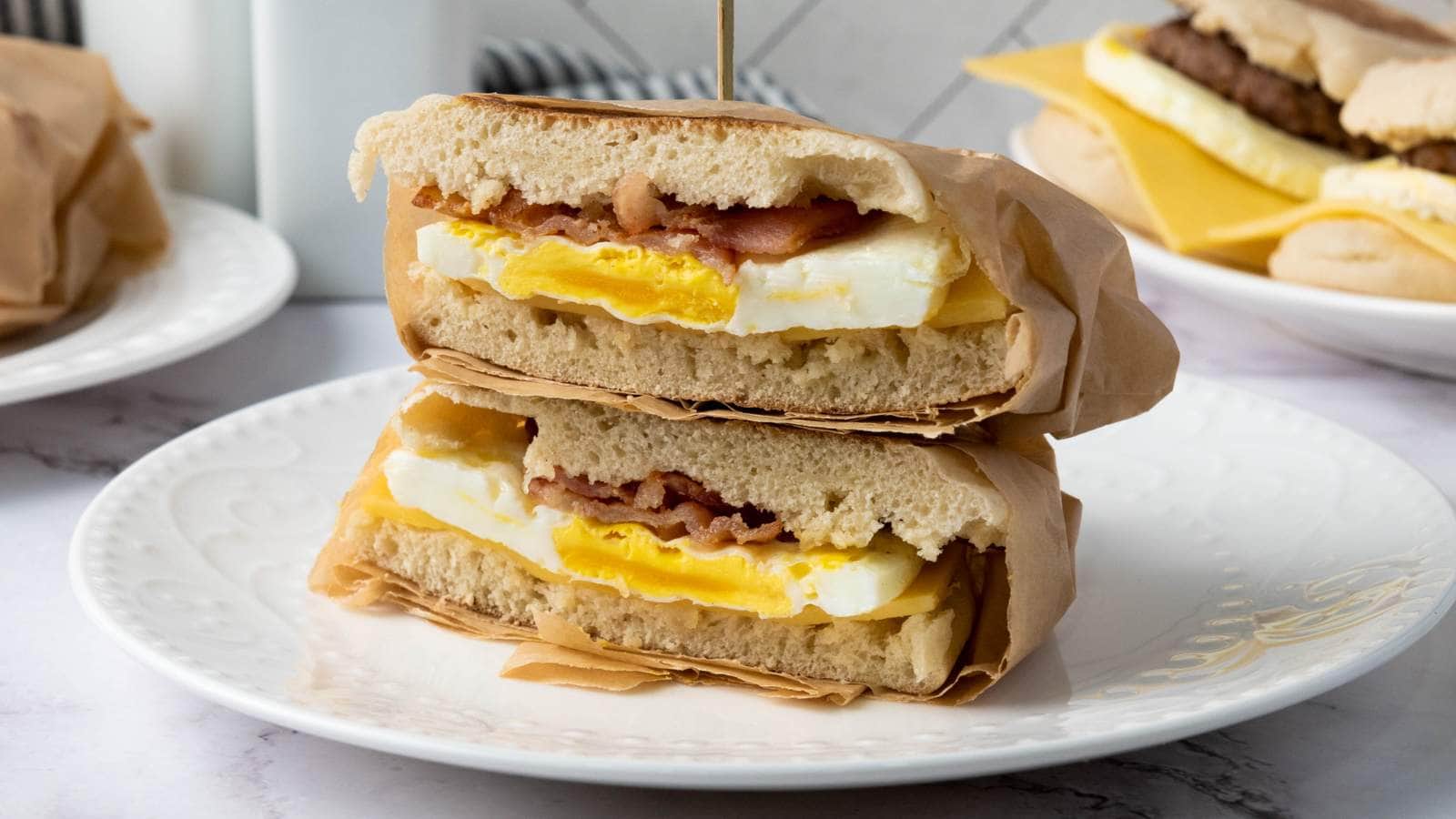 A breakfast sandwich with egg, cheese, and bacon is sliced in half and stacked on a white plate, held together with a toothpick.