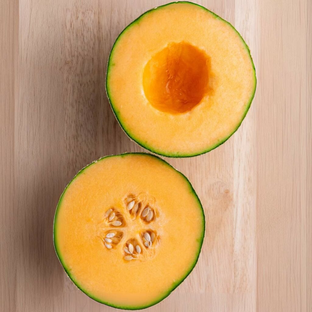 Two halves of a cantaloupe melon on a wooden surface, one half showing seeds and the other with the seeds scooped out.