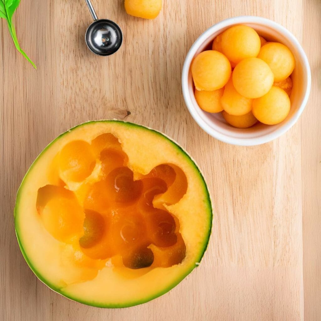 A halved cantaloupe with melon balls scooped out, a metal melon baller, and a white bowl filled with melon balls.