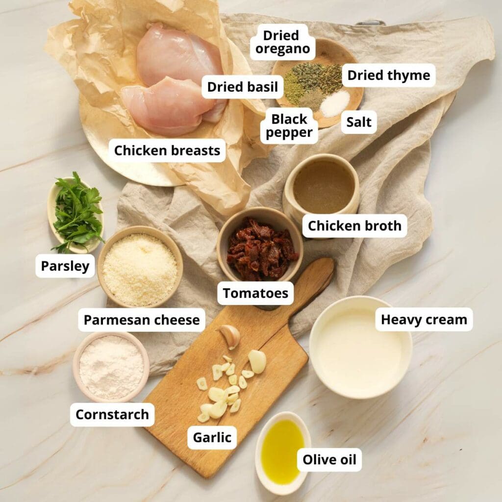 A flat-lay labeled ingredients for slow cooker marry me chicken recipe.
