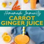 Collage showing fresh oranges, carrots, ginger, and glasses of carrot ginger juice with a striped straw.