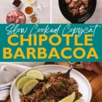 Overhead view of ingredients, raw beef in a slow cooker, and a finished plate of shredded barbacoa.