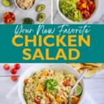 Overhead view of chicken salad ingredients, assembled salad bowl with guacamole and sour cream, and a finished chicken salad.