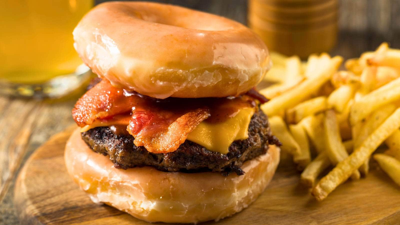 A cheeseburger with bacon is served between two glazed doughnuts, with a side of French fries on a wooden board.
