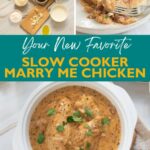 Collage shows ingredients for a chicken dish, a plate with creamy chicken, and a bowl of the finished dish garnished with herbs.