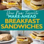 Collage of breakfast sandwiches with eggs, cheese, and meat on English muffins.