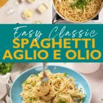 Overhead view of ingredients, cooked spaghetti in a pot, and a plated serving of spaghetti aglio e olio garnished with parsley.