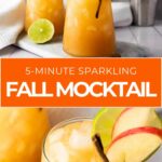 Two glasses of orange sparkling mocktail with ice, lime slices, apple slices, and cinnamon sticks.