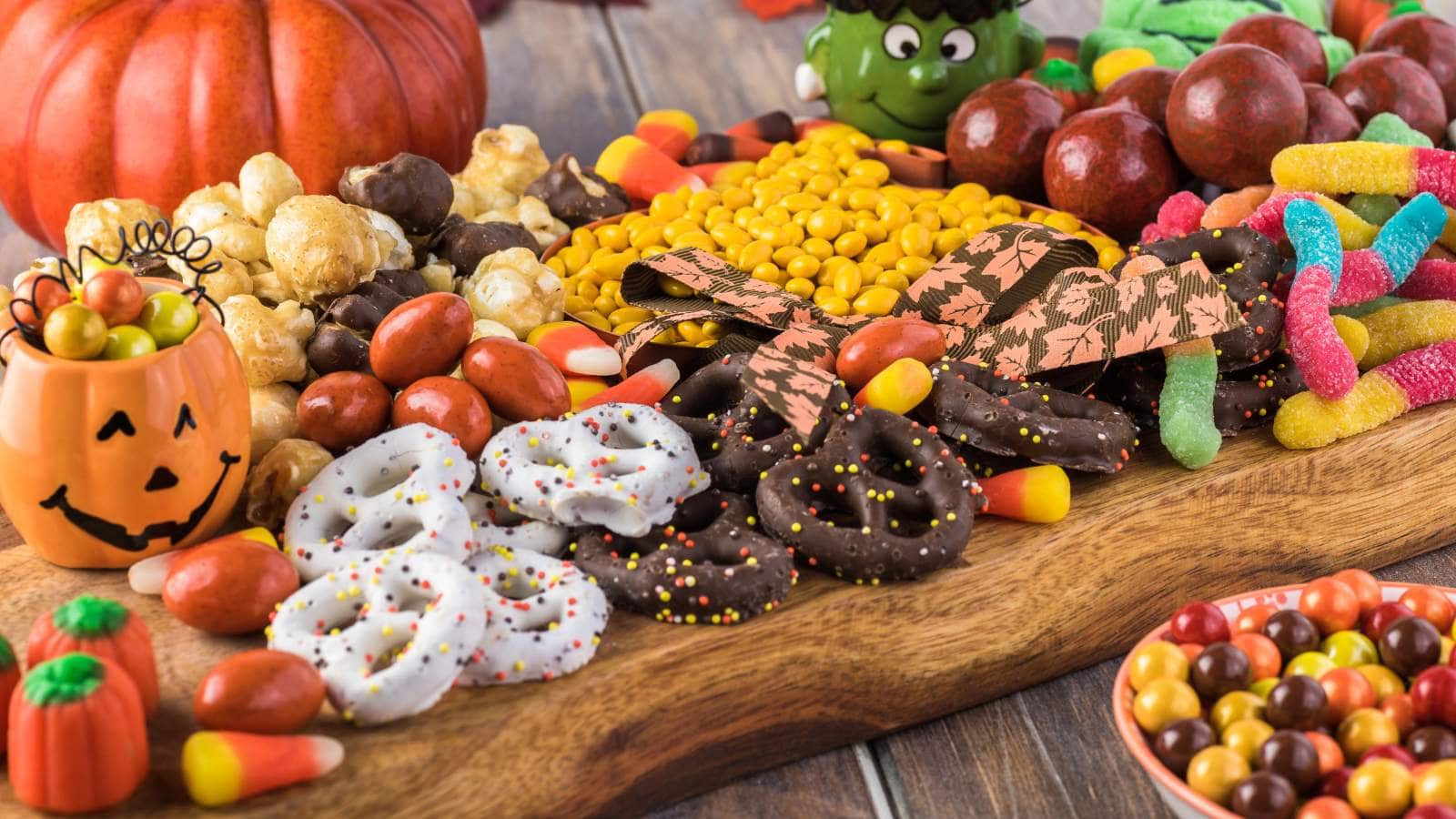 A wooden board displays assorted Halloween candies, chocolate-covered pretzels, caramel popcorn, candy corn, and festive decorations on a wooden table.