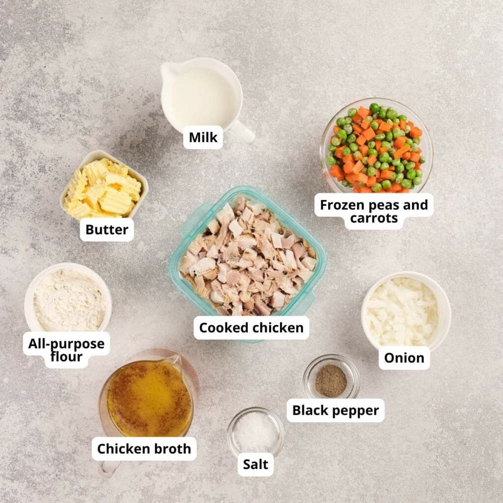 Top-down view of separated ingredients for a homemade chicken pot pie recipe.