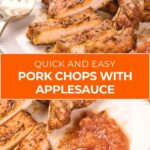 Plate of seasoned pork chops with a side of applesauce.