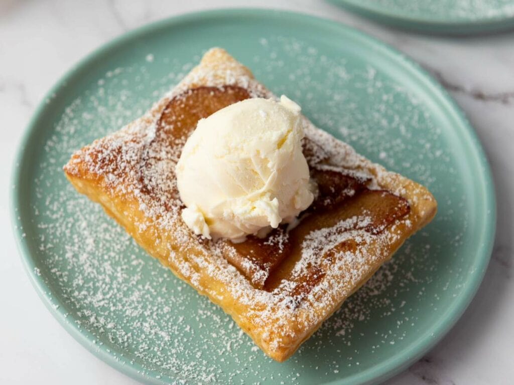 An apple tart dusted with powdered sugar, topped with a scoop of vanilla ice cream, served on a light blue plate.