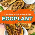 Halved, roasted eggplants with a crisscross pattern are served on a wooden board with a bowl of dipping sauce.